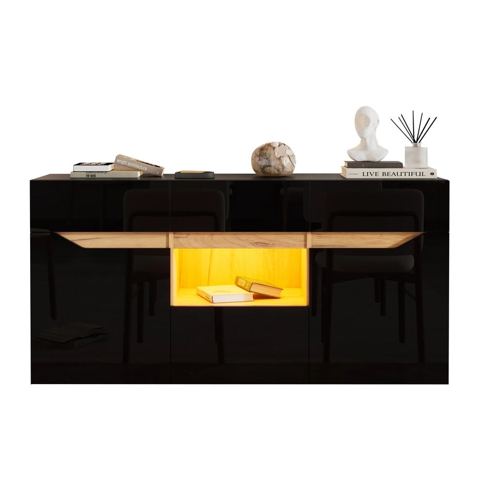 Credenza Soggiorno con Cassetti e LED ¨C MINIMAL ¨C Nero/Legno 140x40x70