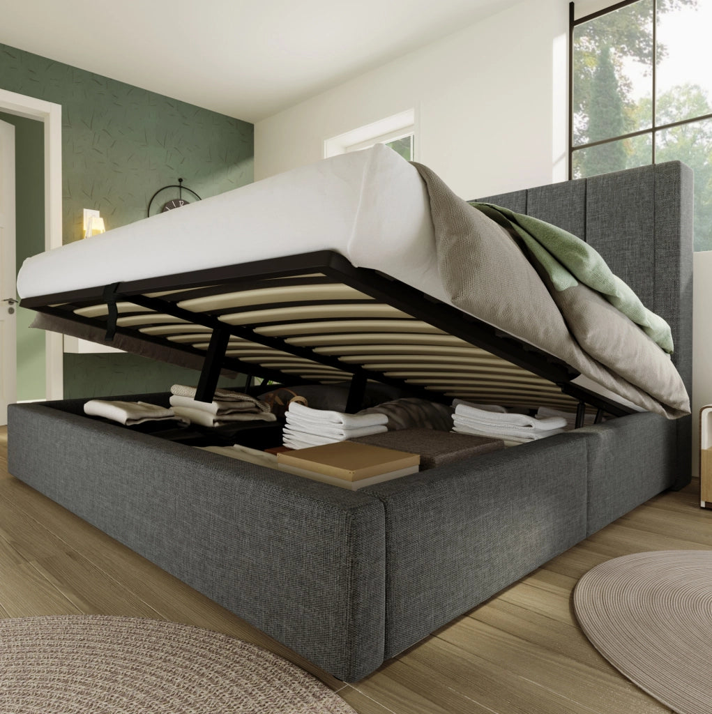 Letto matrimoniale imbottito 160x200 cm in lino grigio con materasso; contenitore e prese USB