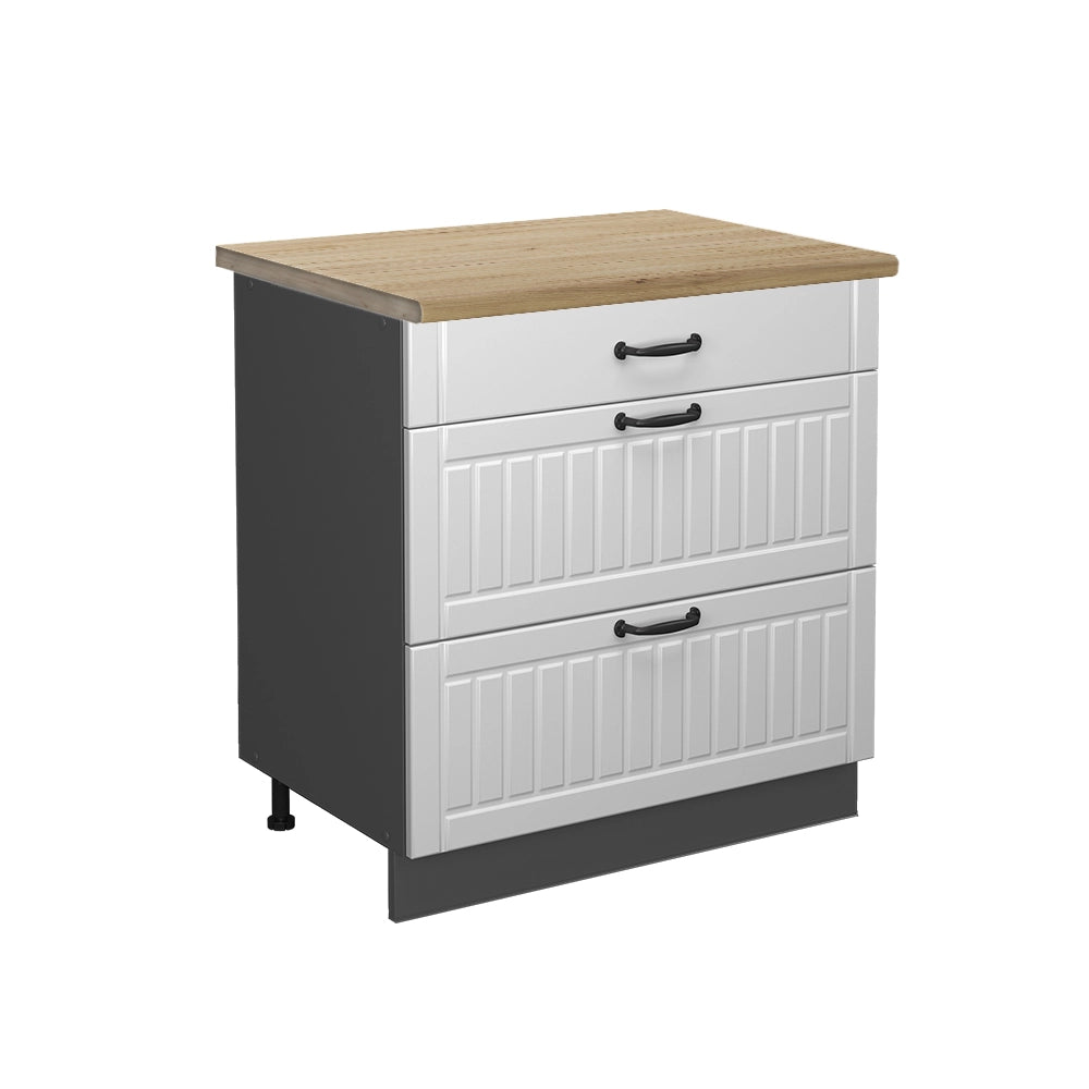 Mobiletto base per cucina Fame-Line Bianco rustico/Antracite 80 cm con 3 cassetti, PL Rovere Vicco