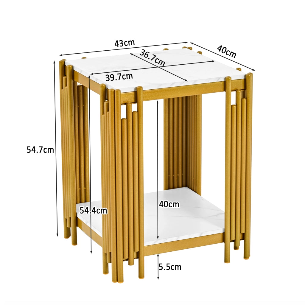 Comodino con 2 ripiani in MDF e metallo effetto marmo bianco e oro per camera da letto e soggiorno 43 × 40 × 55 cm
