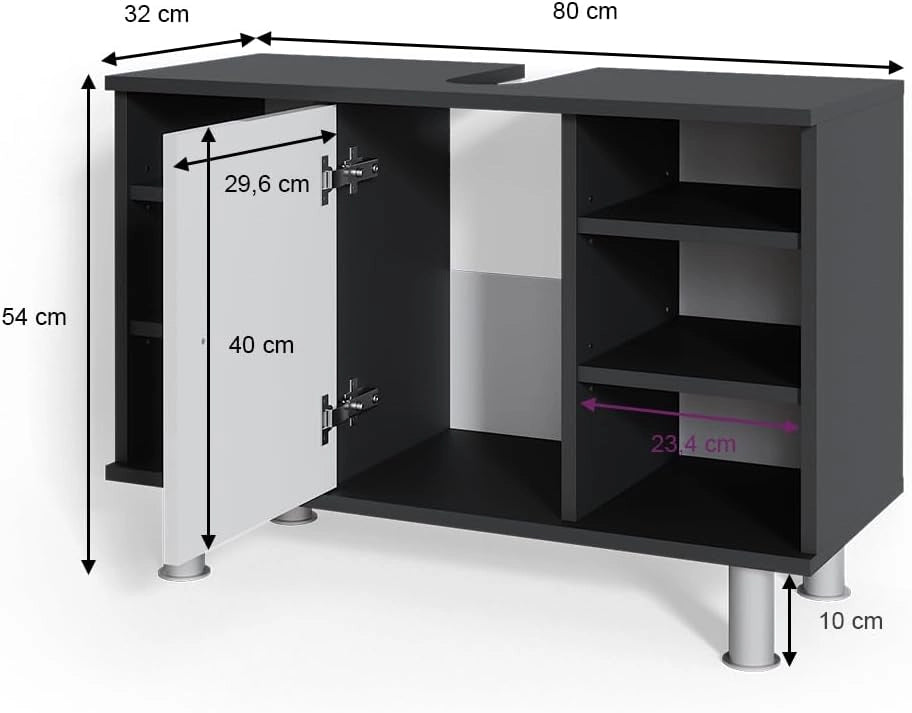 Mobiletto per lavabo Fynn, Antracite/bianco lucido, 80 x 54 cm con 6 ripiani, per la conservazione in bagno con ritaglio per sifone