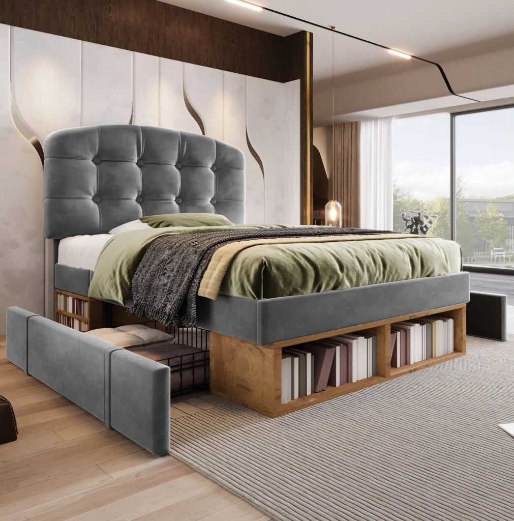 Letto singolo 90x200 cm in velluto grigio con cassetti
