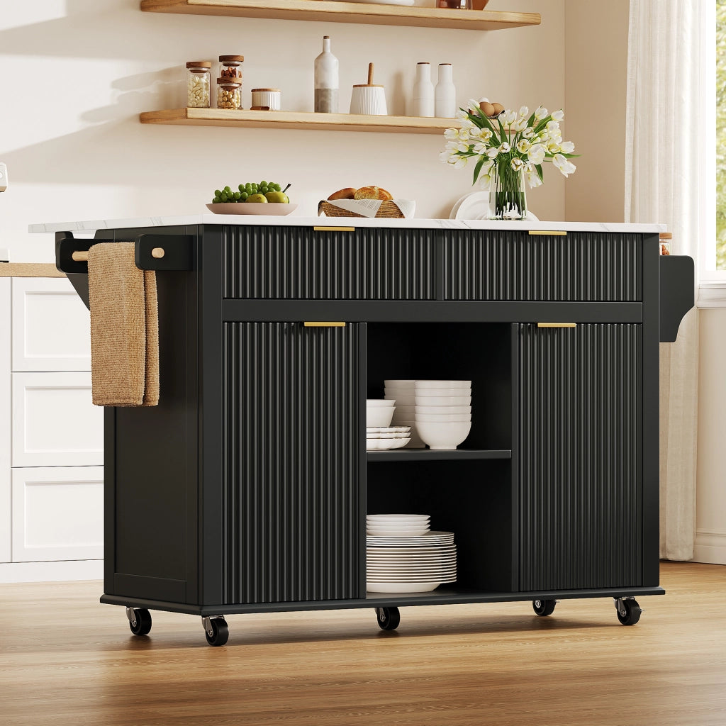 Isola da cucina su ruote 143 x 45/69 cm con piano ribaltabile, 2 cassetti, 2 ante e porta-spezie, finitura Nero/Naturale