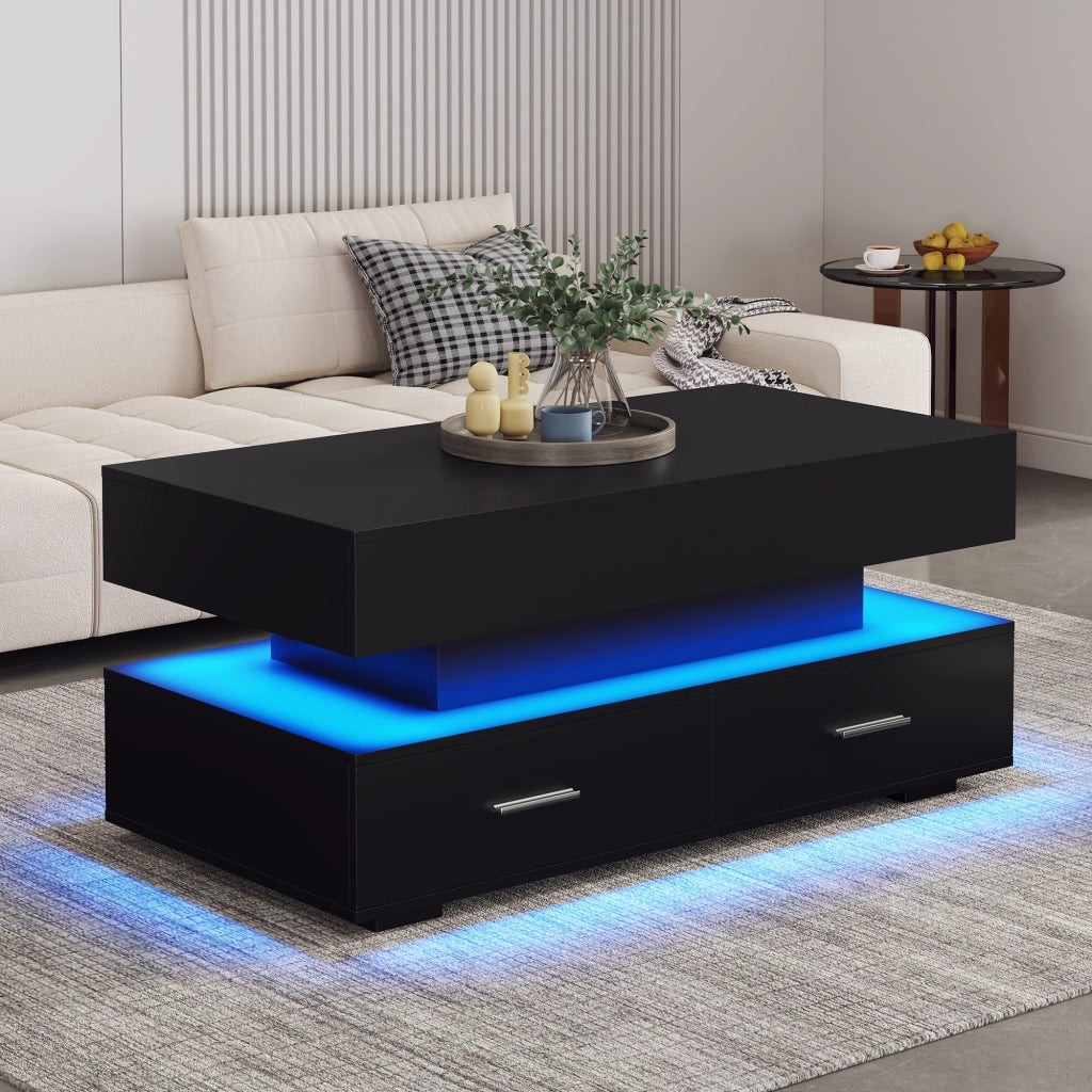 Tavolino basso sollevabile con LED e Bluetooth, 2 cassetti, vano aperto e vano nascosto, per soggiorno, nero, 100 × 50 × 44 cm