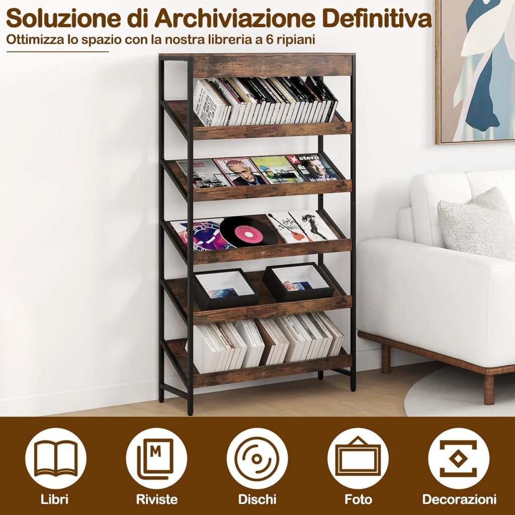 Libreria a 6 Ripiani, Scaffale Inclinato con Struttura Metallica, Porta Giornali Industriale in Legno, Organizer per Soggiorno Camera da Letto Studio, 90x30x161 cm (Marrone)
