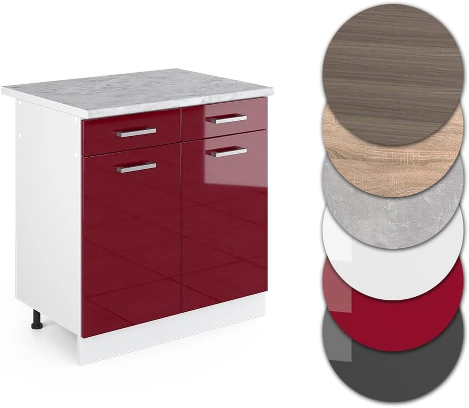 Mobiletto base per cucina R-Line, Rosso lucido, 80 cm, PL Marmo, per la libera combinazione all'interno di sistemi cucina modulari