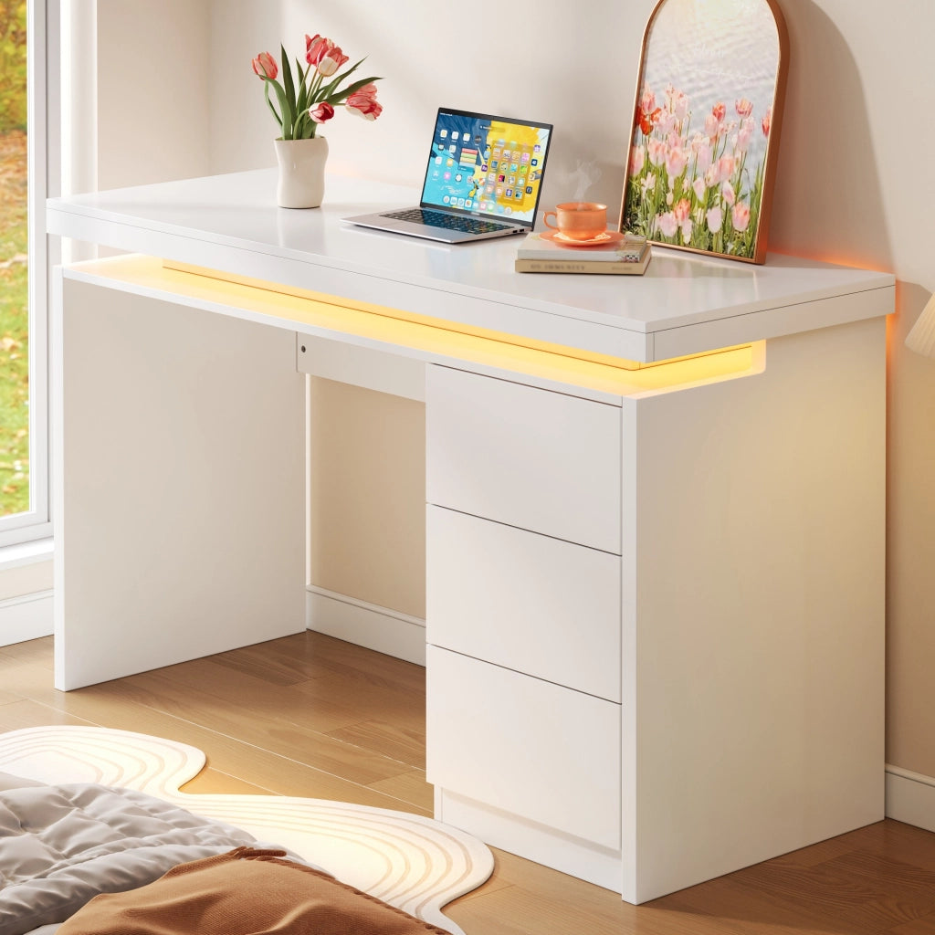 Scrivania con LED multicolore, 3 cassetti e piano ampio, per home office, in MDF bianco, 120 × 50 × 78,5 cm