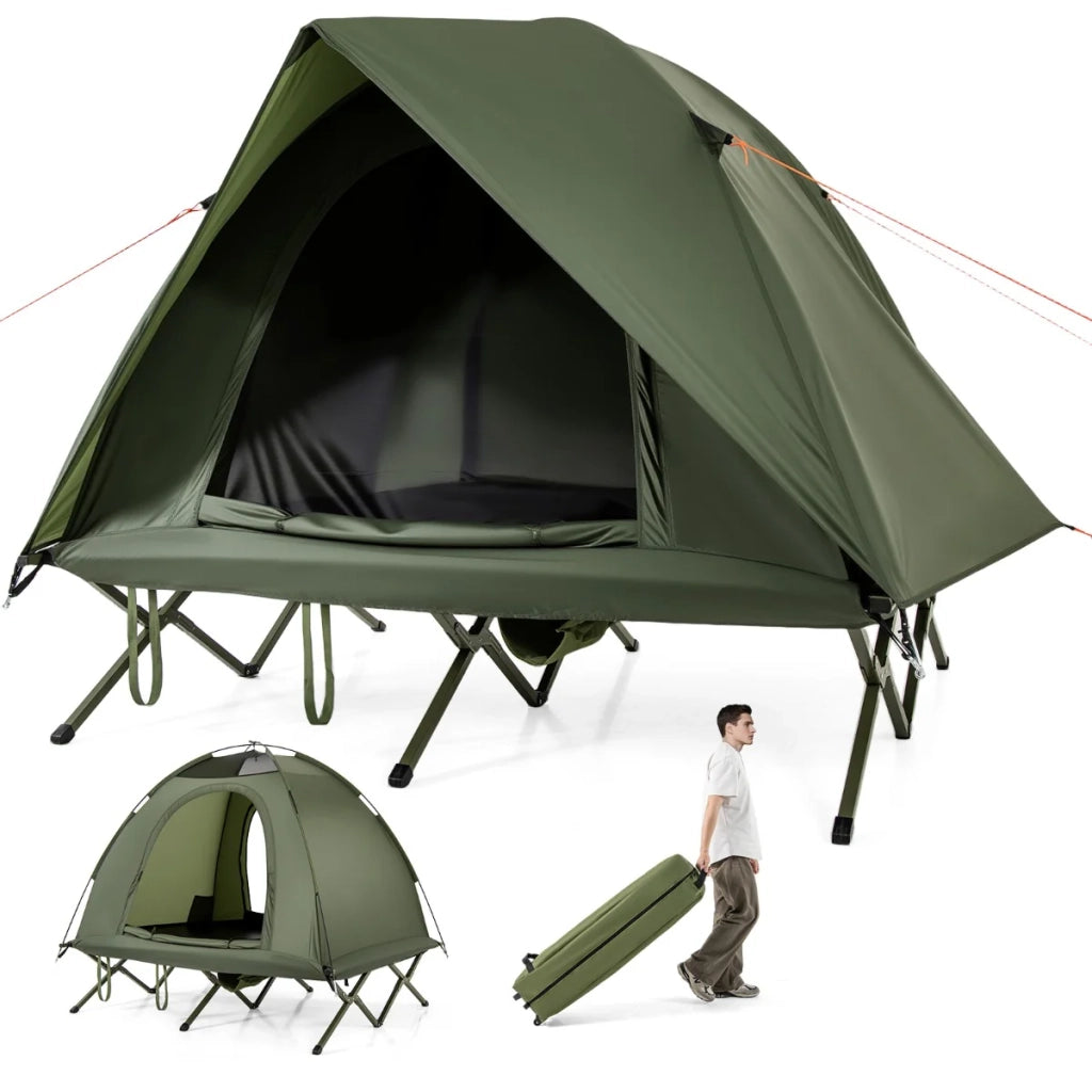 Tenda da campeggio pieghevole 194 x 150 x 122 cm per 2 persone con brandina rialzata e borsa con ruote in tessuto oxford verde 20_0014280