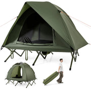 Tenda da campeggio pieghevole 194 x 150 x 122 cm per 2 persone con brandina rialzata e borsa con ruote in tessuto oxford verde 20_0014280