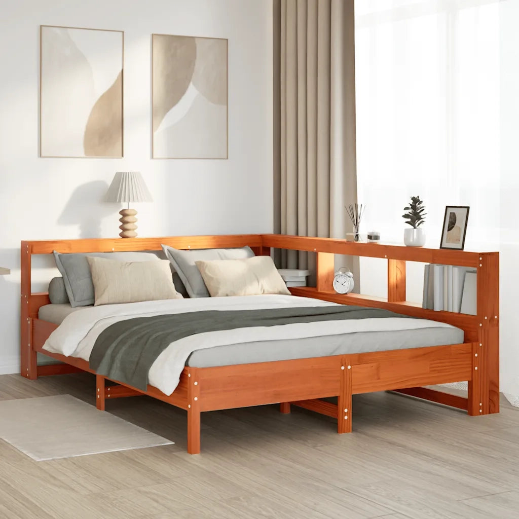 Letto Libreria senza Materasso-Struttura Letto con contenitore Marrone Cera 140x200 cm in Pino 619907