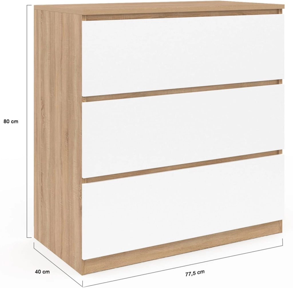 Cofre de 3 cajones TOMI 78 cm en haya y blanco