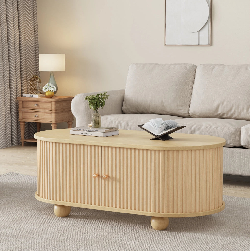 Tavolino da caffè ovale con vano contenitore; ante scorrevoli; 100x50x40 cm; MDF; effetto legno