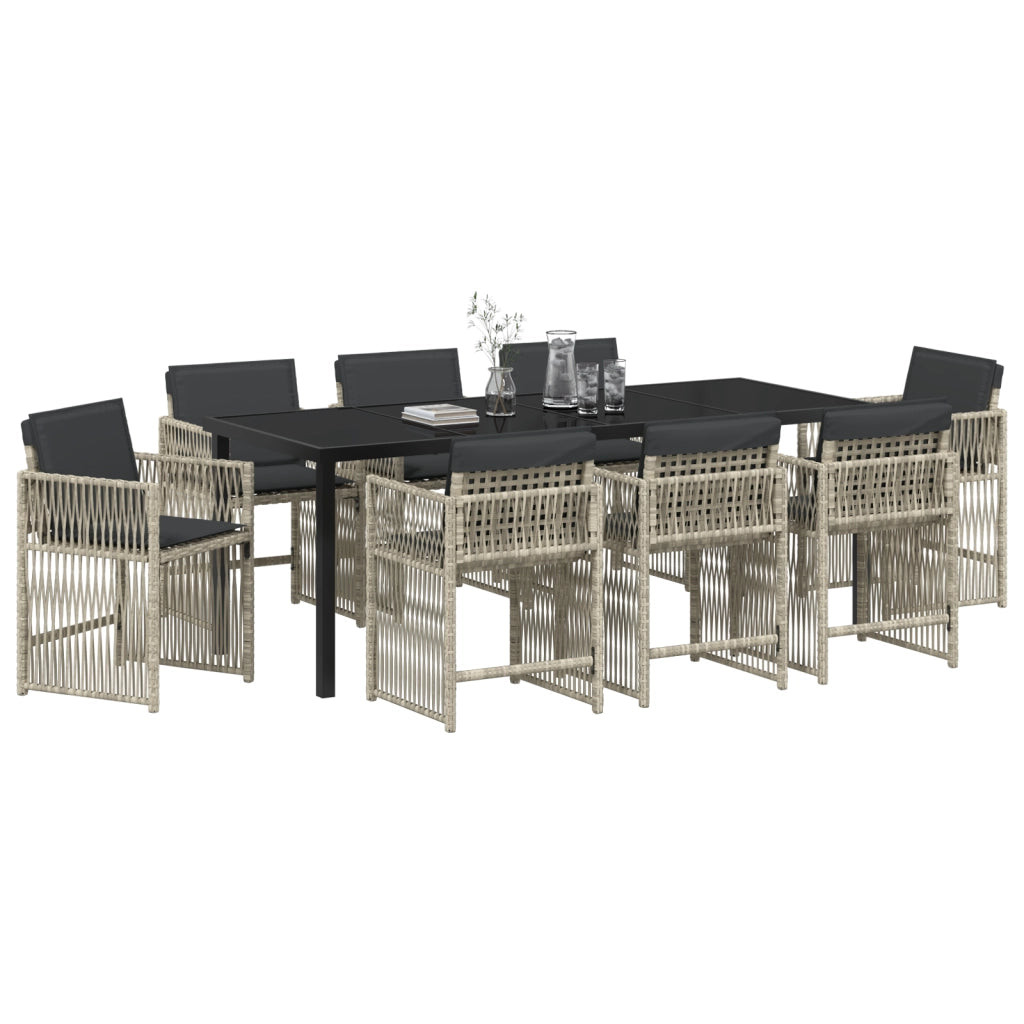 Set da Pranzo da Giardino 9 Pezzi con Cuscini Grigio Chiaro in Poly Rattan