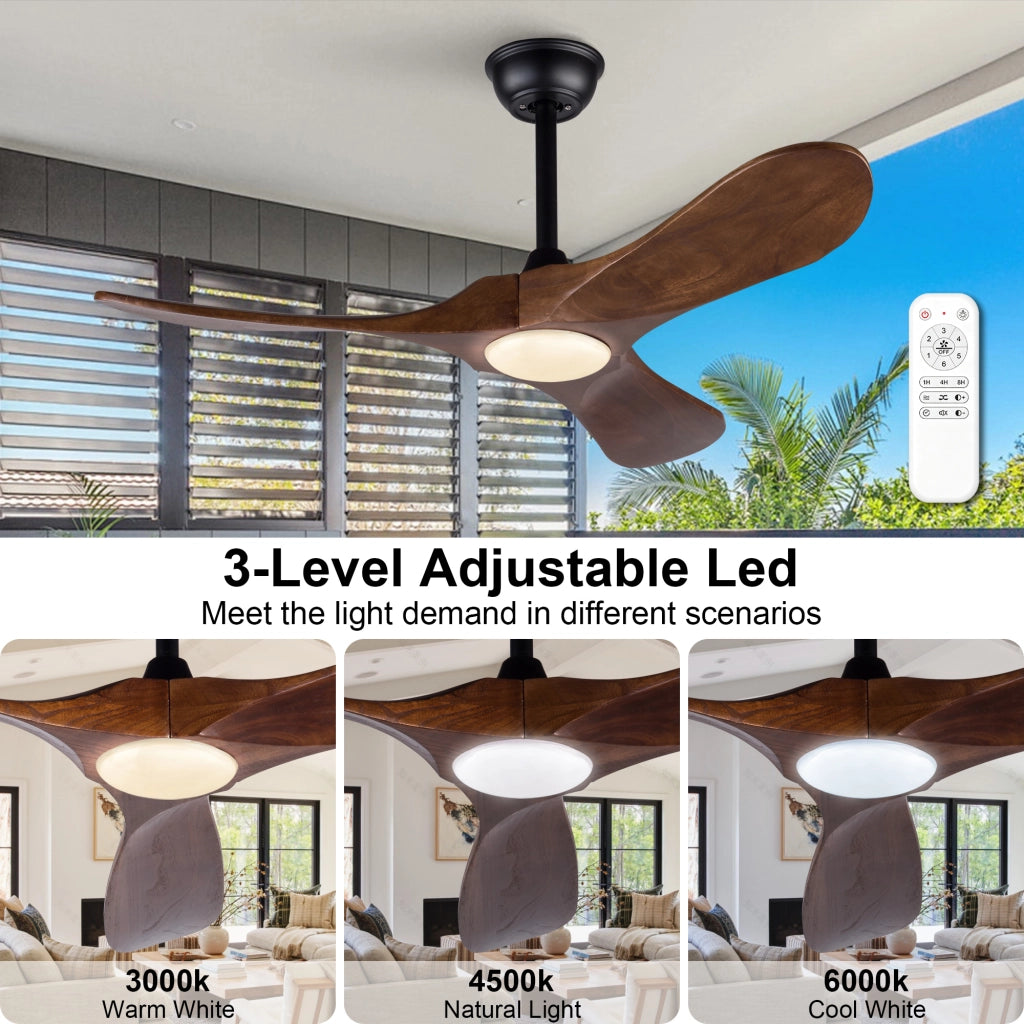 Ventilatore da soffitto 42 pollici con illuminazione e telecomando, 3 pale legno massello, motore DC silenzioso reversibile, 3CCT dimmerabile