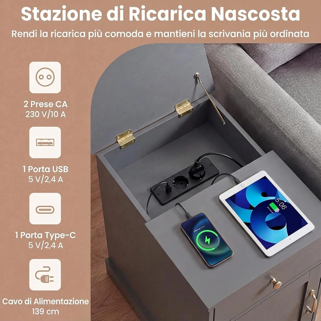 Tavolino da Salotto con Stazione di Ricarica, Cassetto, Armadietto e Ripiano Regolabile, Tavolino in Legno per Soggiorno, Camera da Letto e Spazi Piccoli (Grigio)