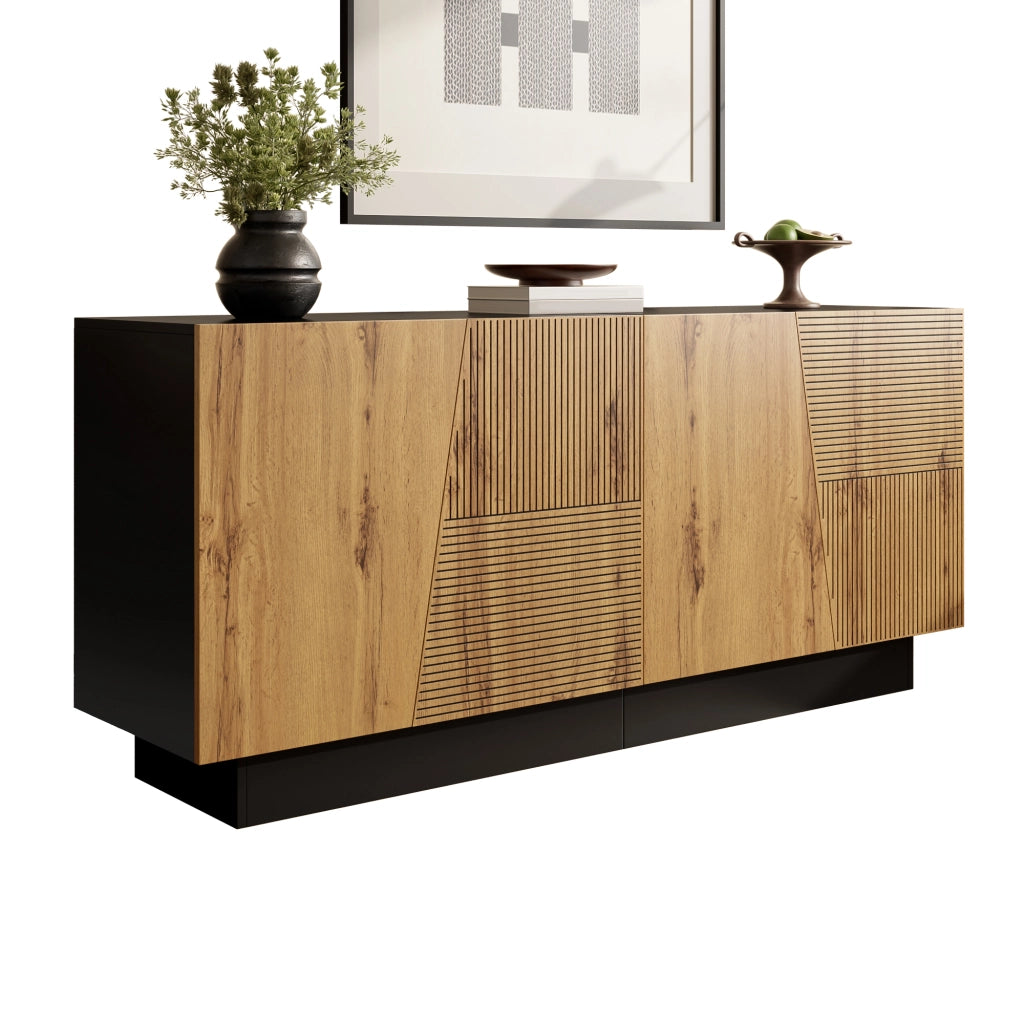 Credenza con 3 Ante e Ripiano Regolabile; Design Geometrico Moderno; in Pannello Truciolare; Nero e Legno; 160??40??72 cm