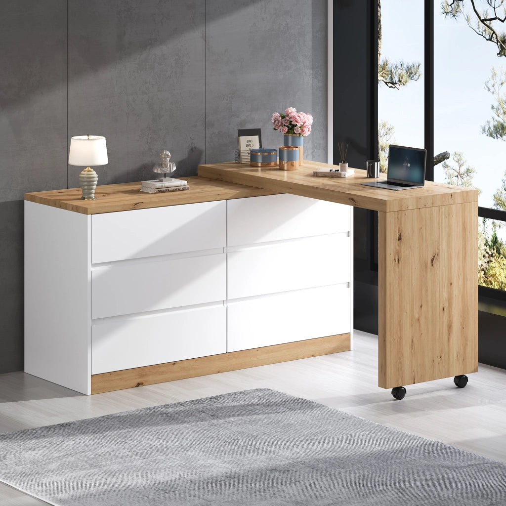Scrivania girevole con 6 cassetti e ruote bloccabili, per ufficio in casa e camera, in truciolare, bianco e rovere, 120 × 50 cm