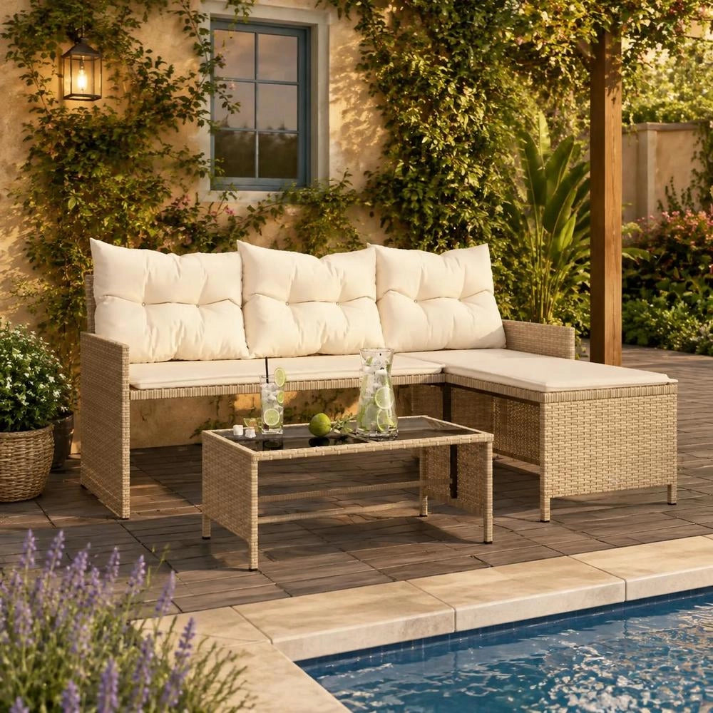 L-shaped Garden Sofa With Table And Cushions, Beige Poly Rattan