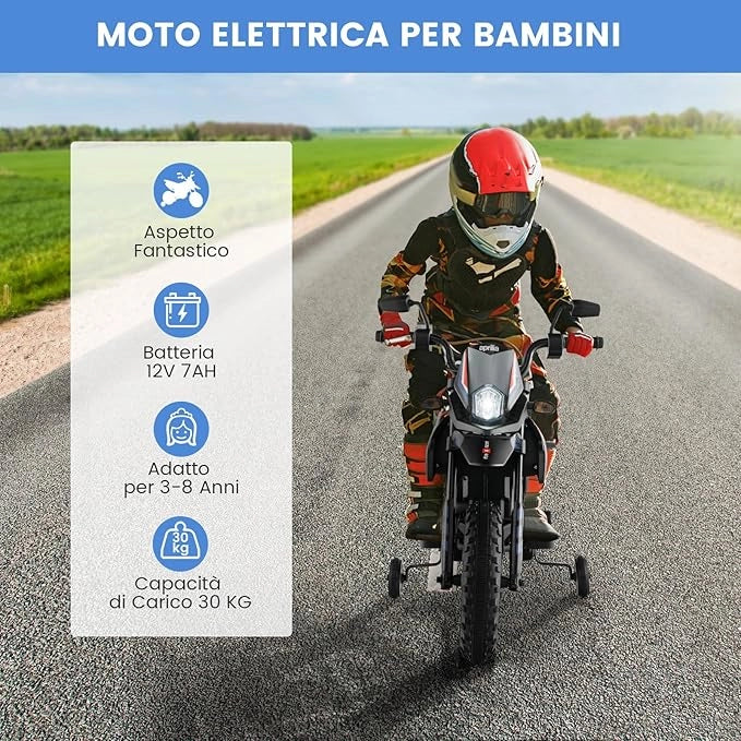 12V Aprilia Moto Cavalcabile per Bambini, Motocicletta Elettrica con Ruote Ausiliarie e Musica Wireless, Sospensione a Molla, Moto Elettrica alla Moda per Bambini 3-8 Anni (Blu)