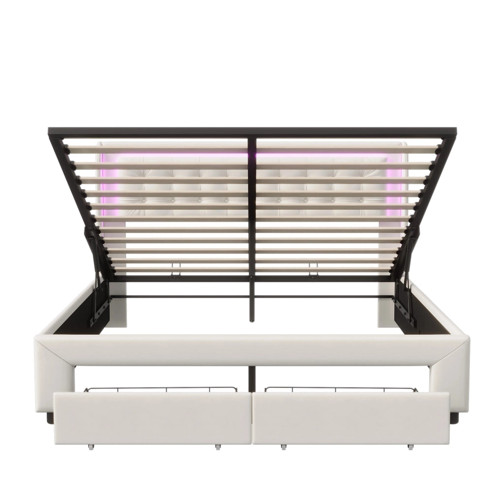 Letto contenitore matrimoniale 140x190 cm con  LED;Sollevamento idraulico e 2 cassetti;Velluto; beige