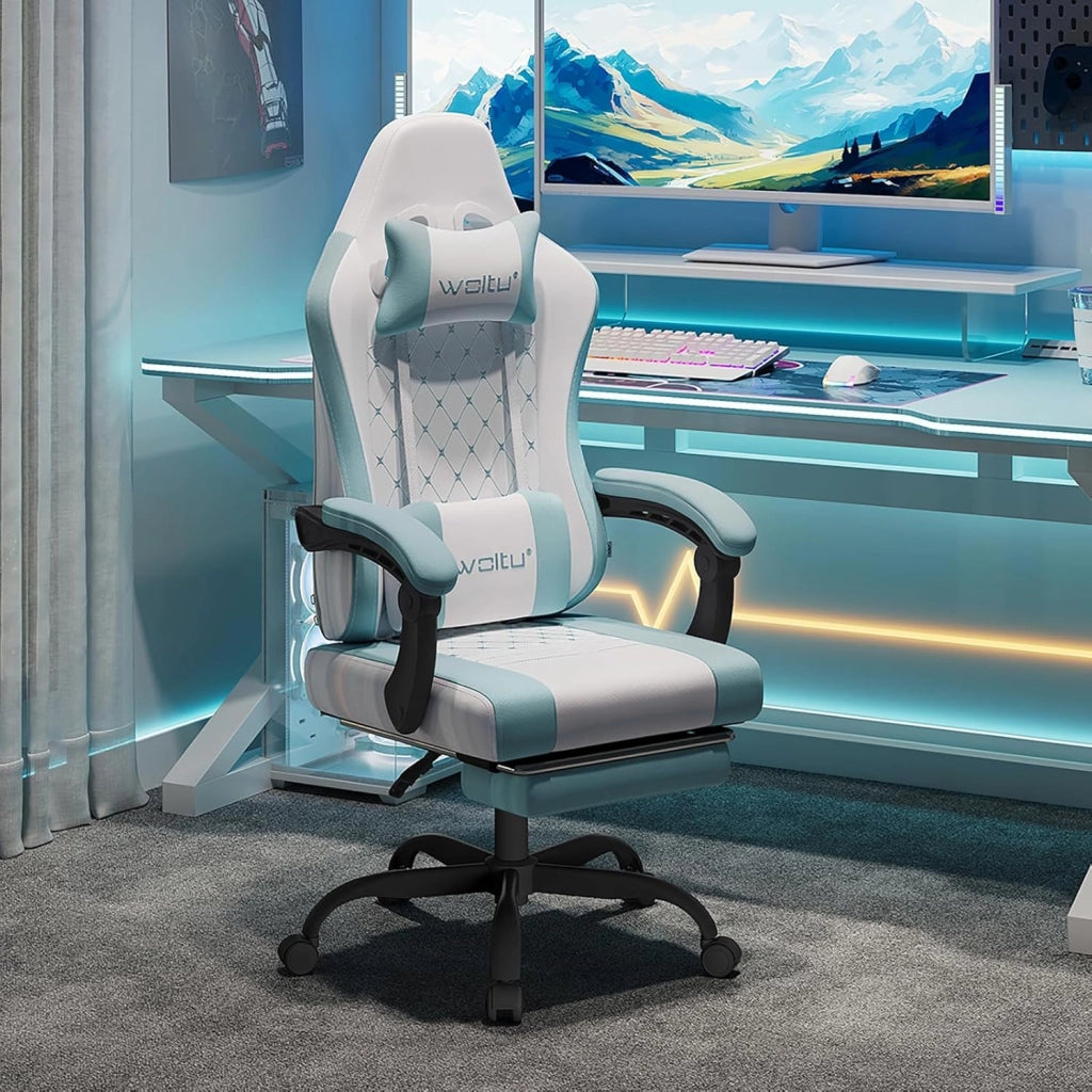 Sedia Gaming con Massaggio, Poltrona Ufficio Ergonomica, Ampia Sedia Girevole Imbottita per Computer con Cuscino Lombare Massaggiante, Carico 150 Kg, Tessuto a rete Bianco+Blu