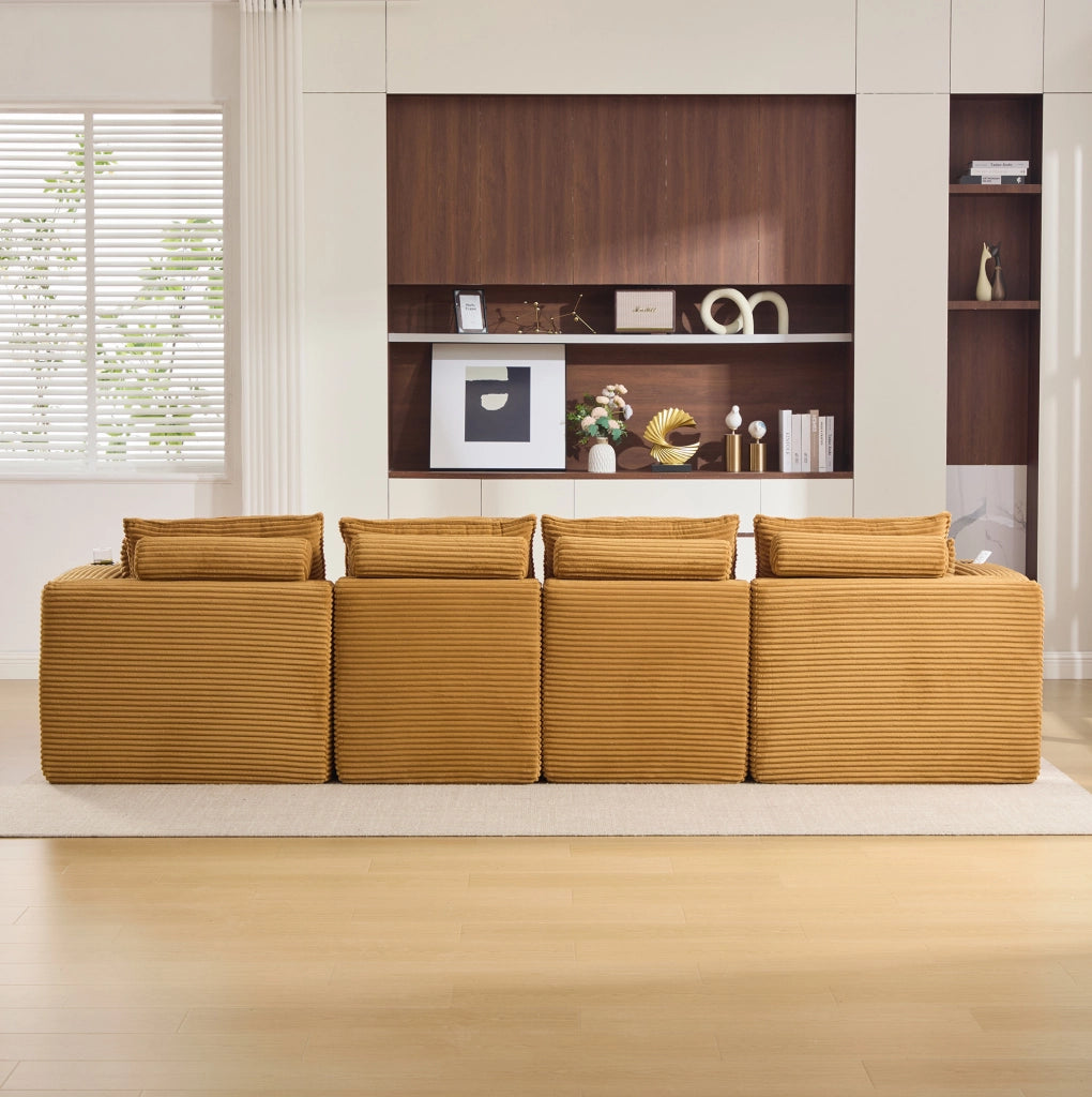 Divano modulare in velluto a coste arancione con tasche laterali; cuscini; 322x161x75 cm