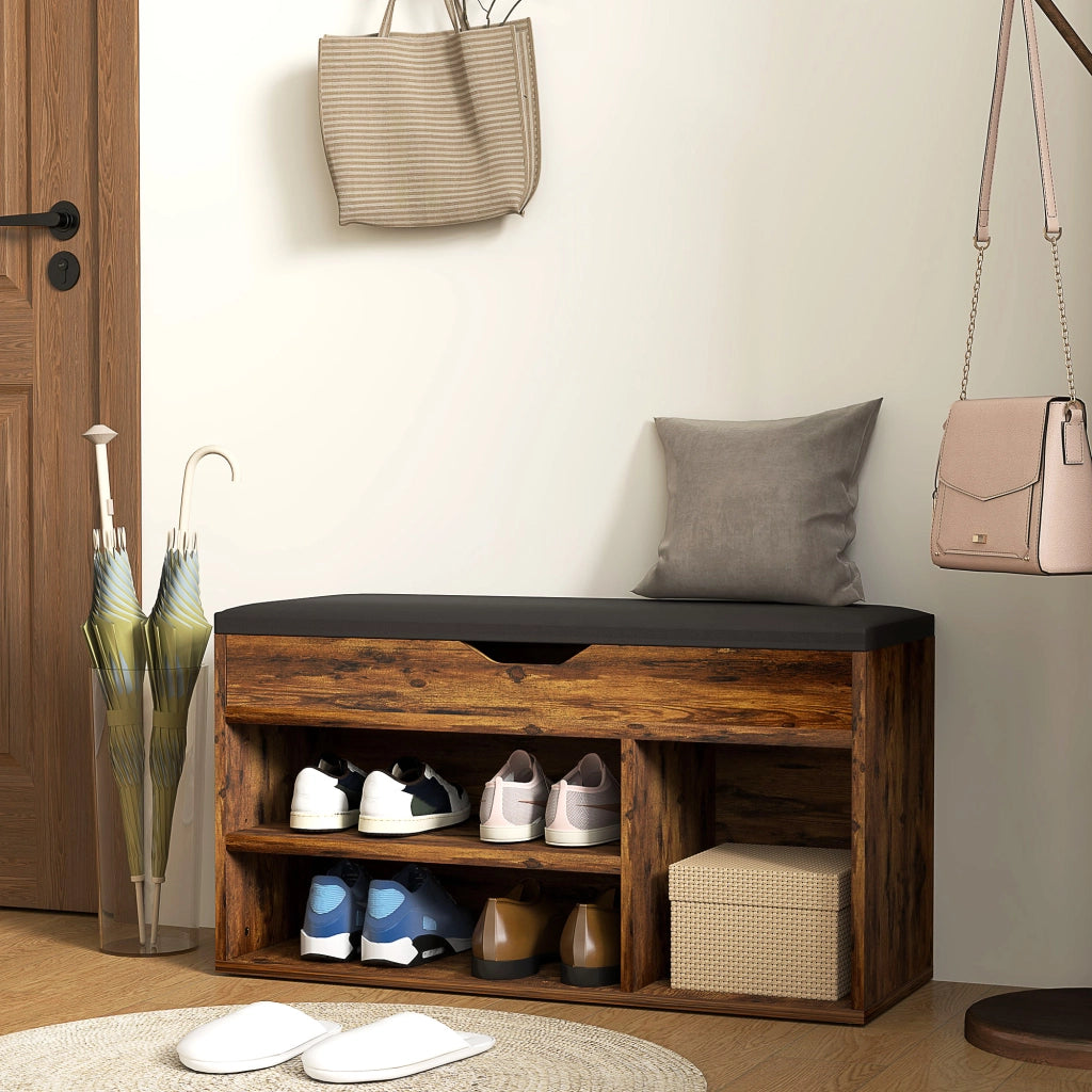 Scarpiera con panca e cassetti ¨C Zephmum ¨C Legno effetto mogano
