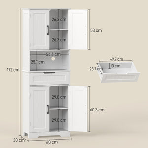 Credenza Cucina 60x30x172 cm con 2 Armadietti Cassetto e Piano Centrale con Passacavi in MDF Bianco