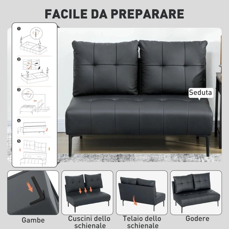 DIVANO 2 POSTI IN FINTA PELLE SENZA BRACCIOLI E TRAPUNTATO A BOTTONI, 115X73X83 CM, NERO
