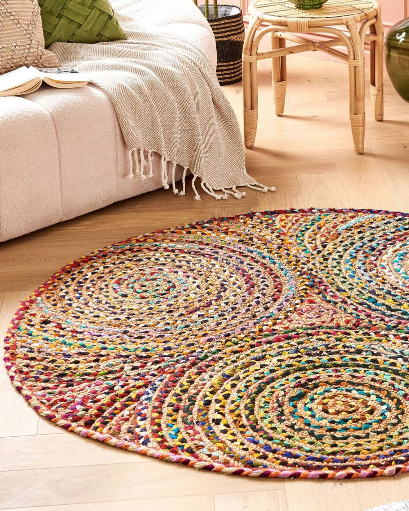 Tappeto moderno hippie Multicolore rosa rosso arancione blu rotondo 140 cm cotone intrecciato camera da letto soggiorno