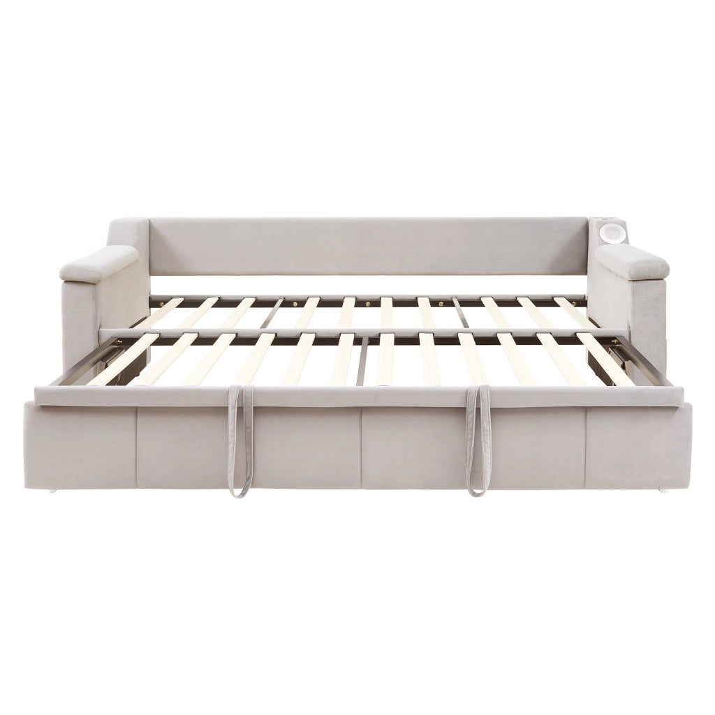 Divano letto 90/180x190; altoparlante Bluetooth; porta USB; archiviazione; velluto; beige