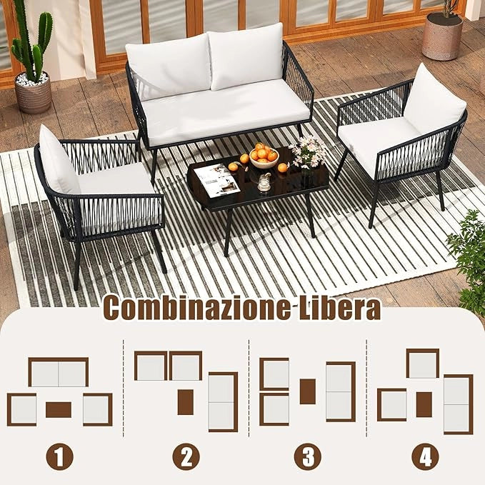 Set di 4 Pezzi in Corda PE da Giardino, Set Bistrò con Divano, Tavolino in Vetro Temperato, 2 Poltrone e Cuscini, Mobili da Giardino da Esterno per Cortile e Piscina