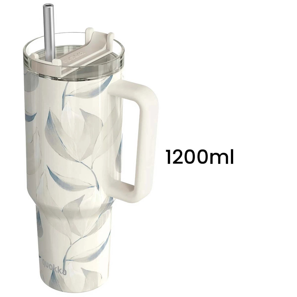 Bicchiere Termico 1200 ml con Cannuccia con Decorazione Fogliame Cotone Bianco Quokka