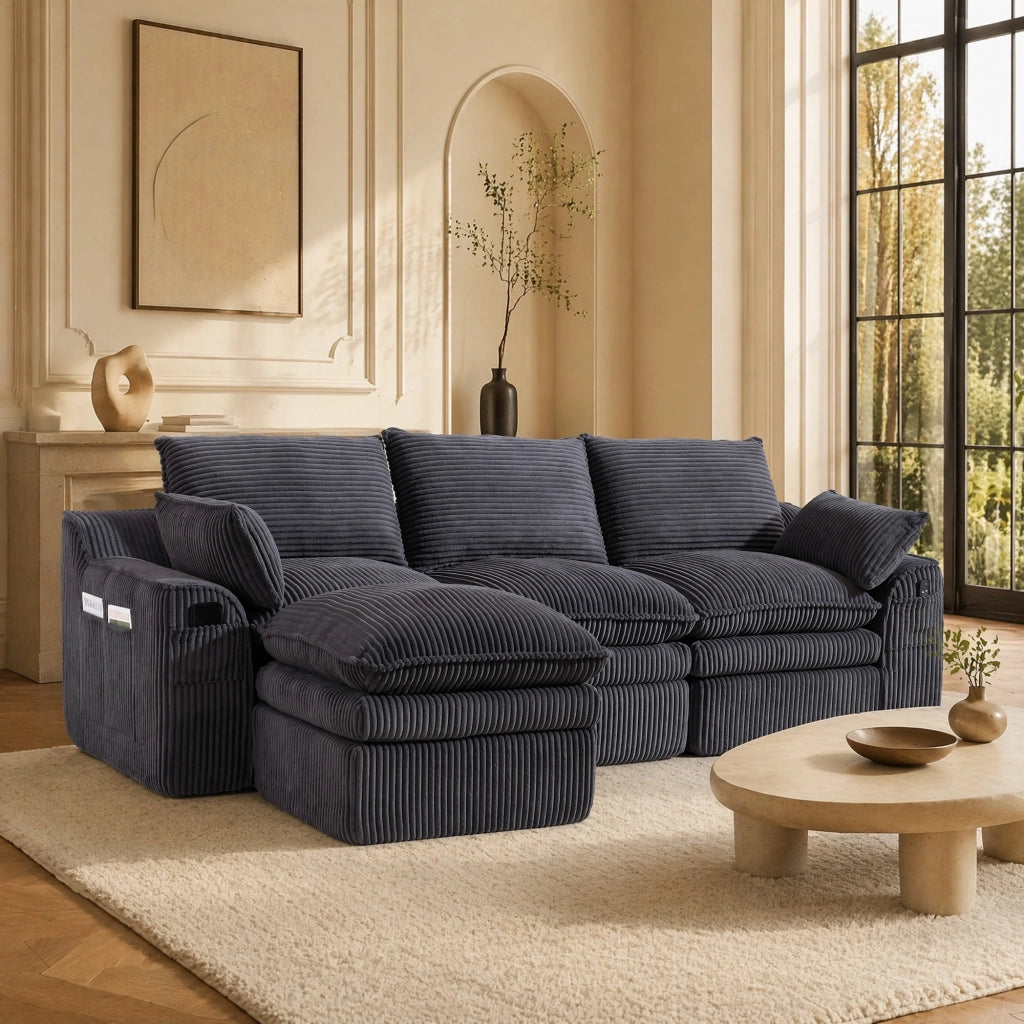 Divano modulare in corduroy grigio scuro con cuscini, tasche laterali e poggiapiedi