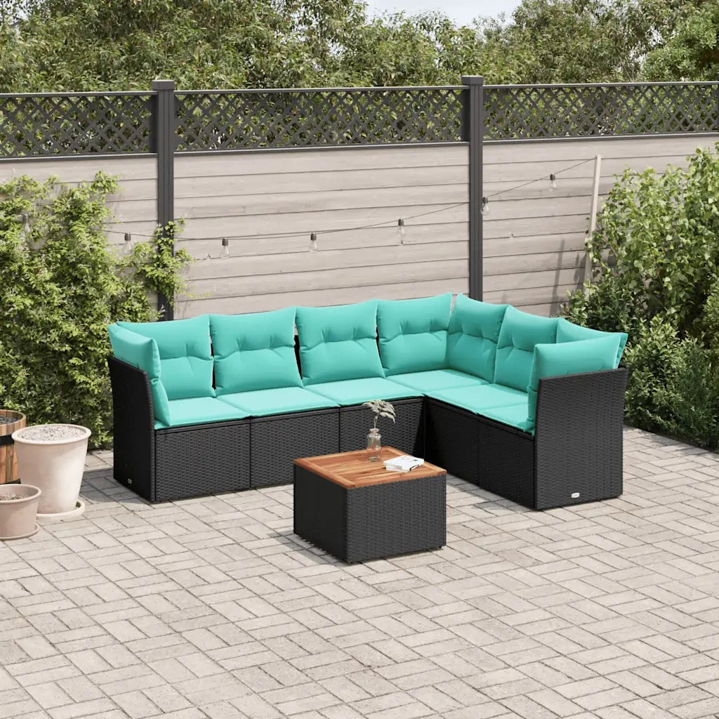 Set Divani da Giardino 7 pz con Cuscini Nero in Polyrattan
