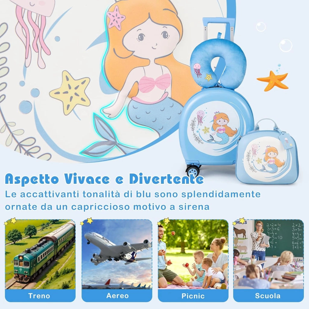 Set di Valiglie per Bambini, Set da 4 Pezzi con Trolley, Zaino, Cuscino per Collo ed Etichetta per Bagaglio, Valigia a Mano da Viaggio con Ruote Universale e Maniglia Regolabile (Sirena)