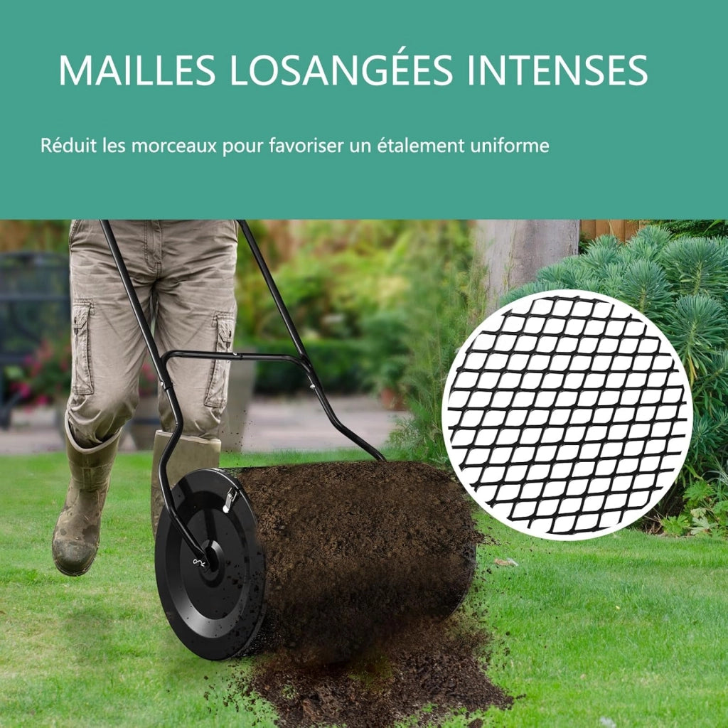 Rullo Spargiconcime Prato da 80L, Spargiconcime a Rullo Ø39 x 68 cm con Manico e Cestello in Rete Metallica, Spargiterriccio da Giardino per Concimazione e Semina (Nero)