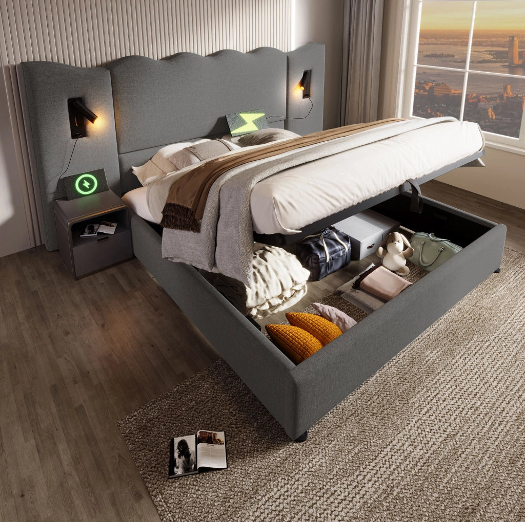 Letto imbottito 180x200 cm con contenitore e lampada da lettura in lino grigio