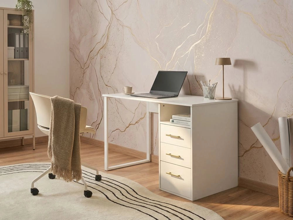 Scrivania da ufficio in stile scandinavo con cassetti in legno 120x60 cm Bianco Cassetto contenitore Legno chiaro Design minimalista