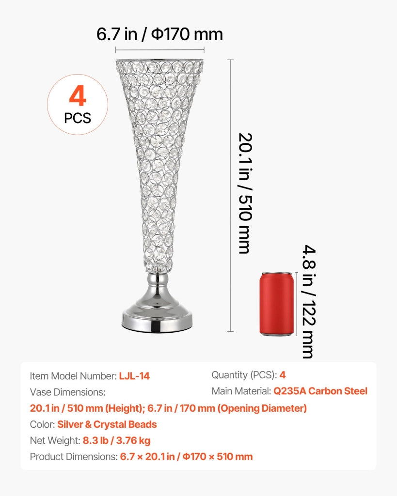 Vasi Decorativi Centrotavola in Metallo e Cristallo, Altezza 51 cm, Set da 4 Pezzi Portafiori Argento per Feste e Banchetti