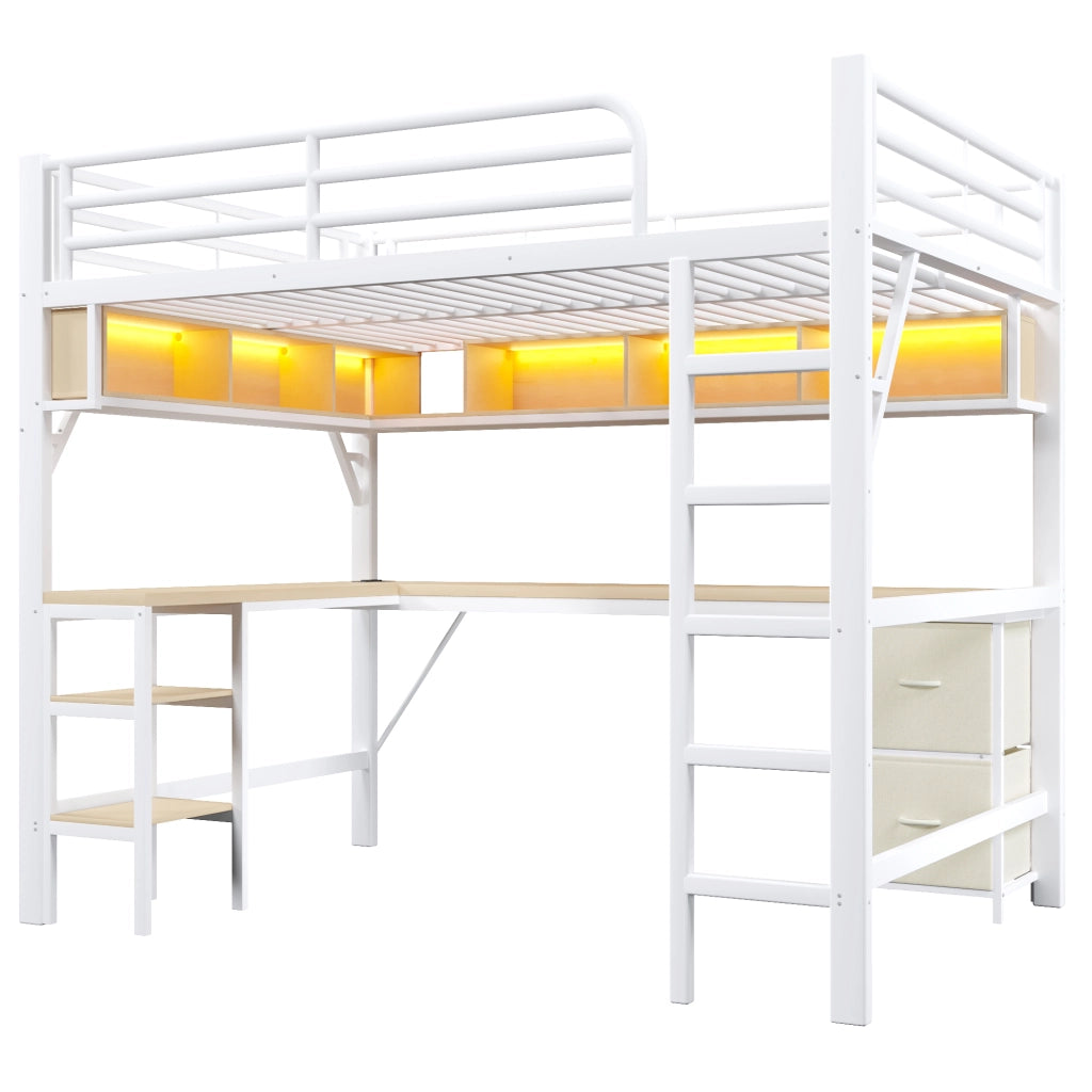 LETTO a soppalco 140x200 cm in metallo e MDF bianco con scrivania, libreria, LED e USB