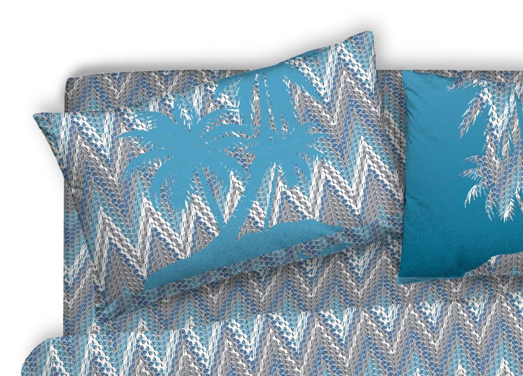 Copripiumino Sacco Piumone Pensieri Delicati 100% Cotone Disegno Palma - Singolo - Azzurro
