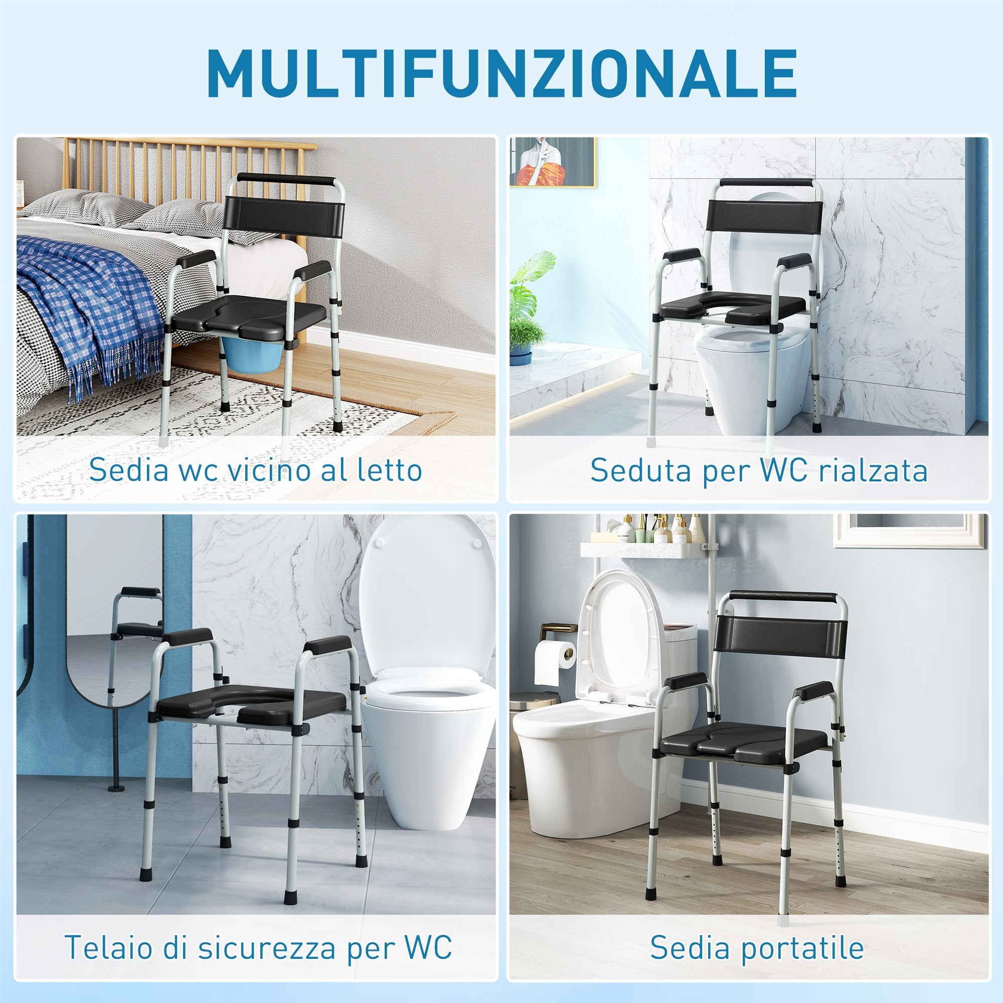 Sedia WC per Anziani e Disabili 52,5x46x81,5-97 cm Pieghevole e Regolabile in Acciaio e Pelle PU Nero