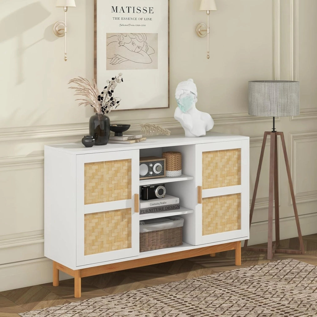 Credenza Cucina con Ante in Legno e Bambù, Mobile Cucina Dispensa con 3 Ripiani Aperti, Mobiletto Cucina con Dispositivo Antiribaltamento, per Soggiorno, Sala da Pranzo, 120 x 35 x 78 cm