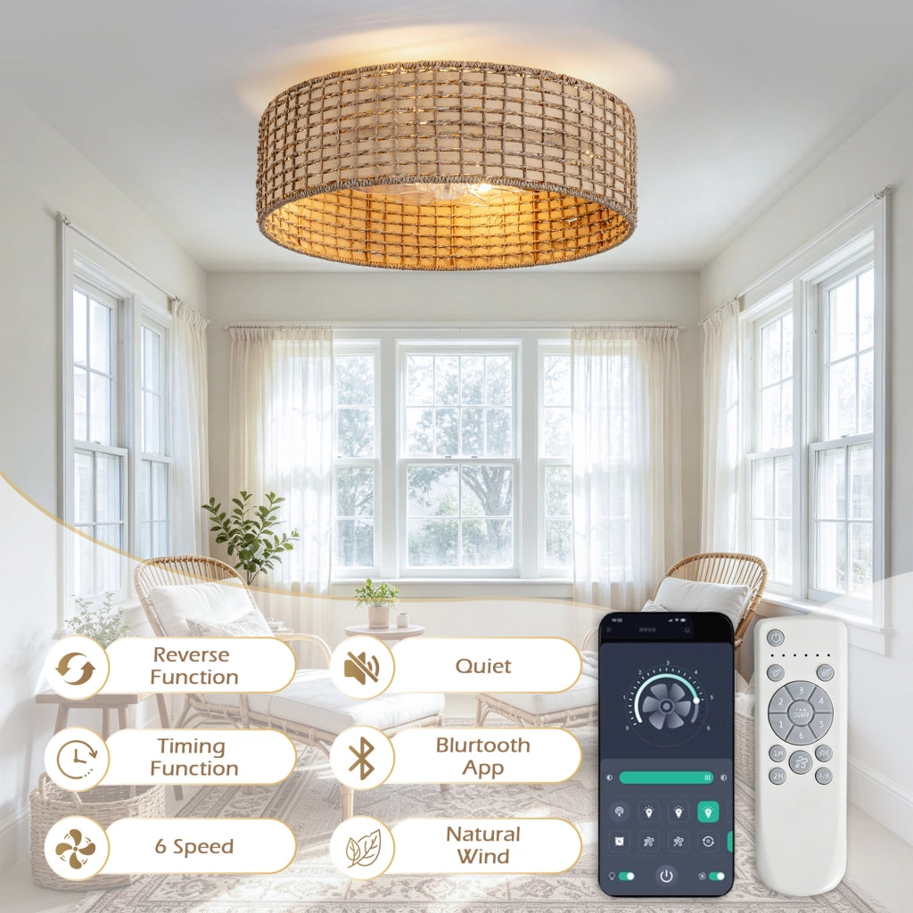 Ventilatore da soffitto 19 pollici con luce, motivo quadri rattan, doppio controllo app e telecomando, 6 velocit¨¤ reversibili, moderno