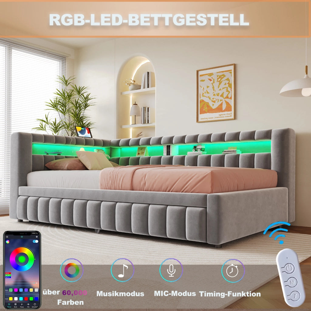 OKWISH Letto a Divano 90×200 cm, Letto Singolo con Letto Estraibile, LED Regolabile, USB, Tipo C e Mensole, senza Materasso, Grigio Chiaro