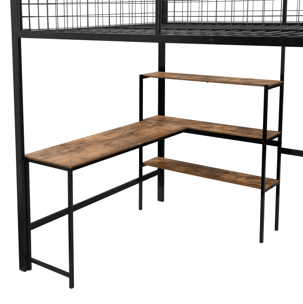 Hochbett con scrivania; armadio e ripiani 140x200 cm; nero/marrone