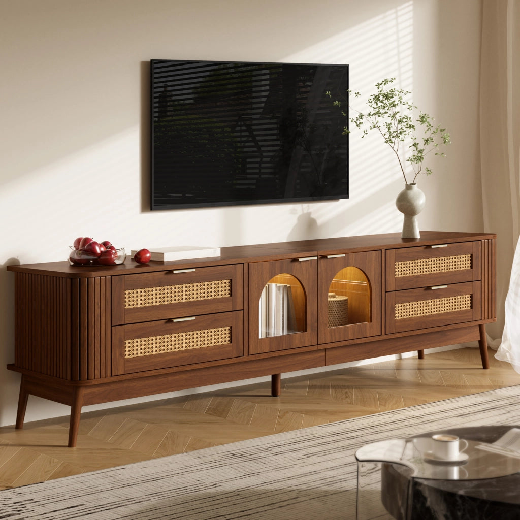 Mobile porta TV con 4 cassetti, 2 ante in vetro curvo, LED con app, per soggiorno, noce, 180 × 40 × 50 cm