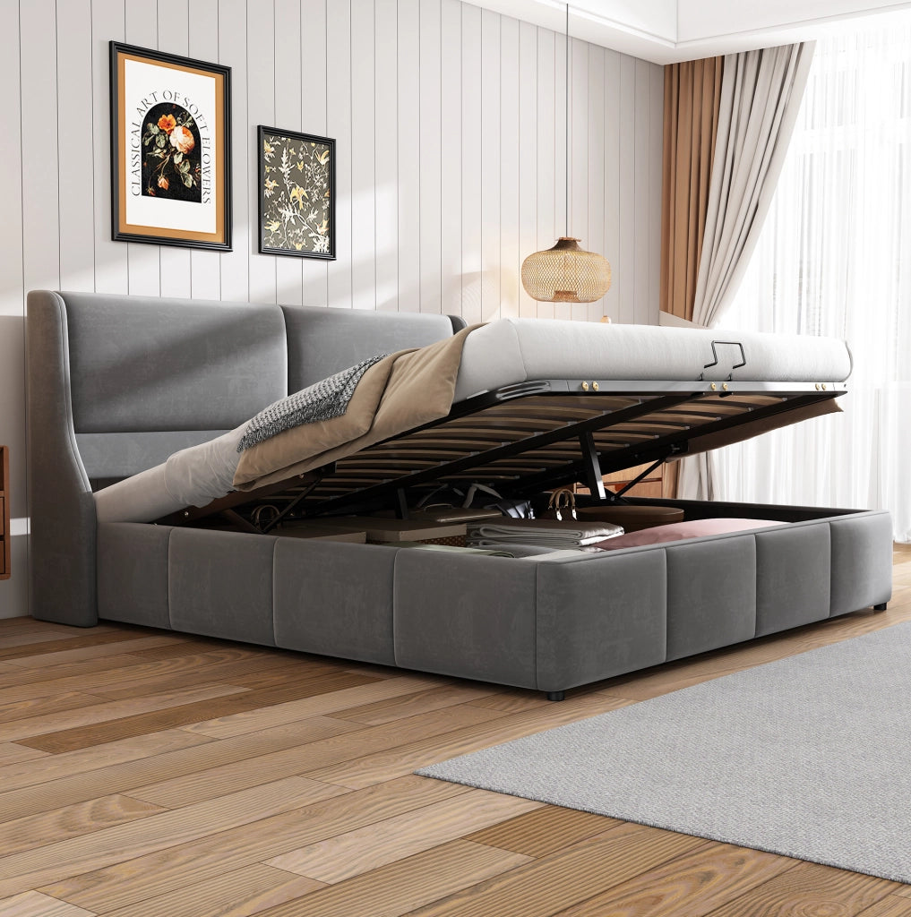 Letto contenitore matrimoniale 160x200 in velluto grigio con testiera imbottita