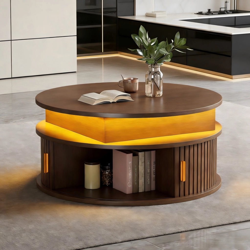 Tavolino da caffè rotondo 75 cm regolabile in altezza con LED e vano contenitore; colore noce
